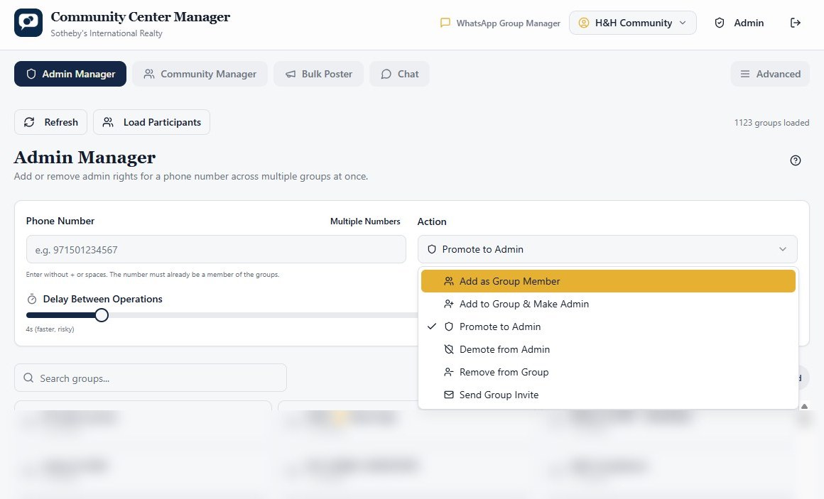 Admin Manager screen with bulk actions: add member, make admin, promote, demote, remove and send invite