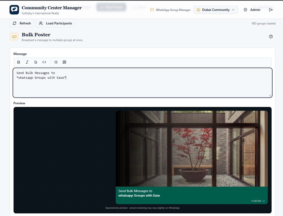 Bulk Poster screen with a WhatsApp-formatted message and a live preview of how it will look in the group